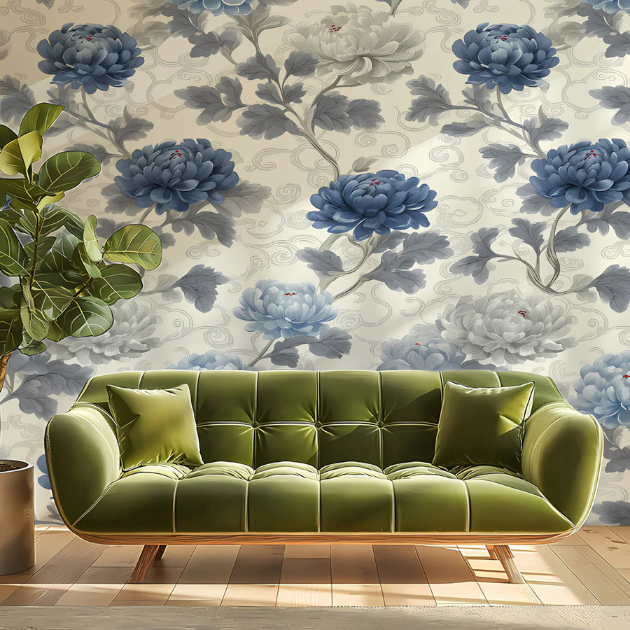 Chinoiserie Chrysanthemum Floral Mural Wallpaper in Blue and Cream Mural Wallpaper