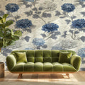 Chinoiserie Chrysanthemum Floral Mural Wallpaper in Blue and Cream Mural Wallpaper - pure wallpaper artwork