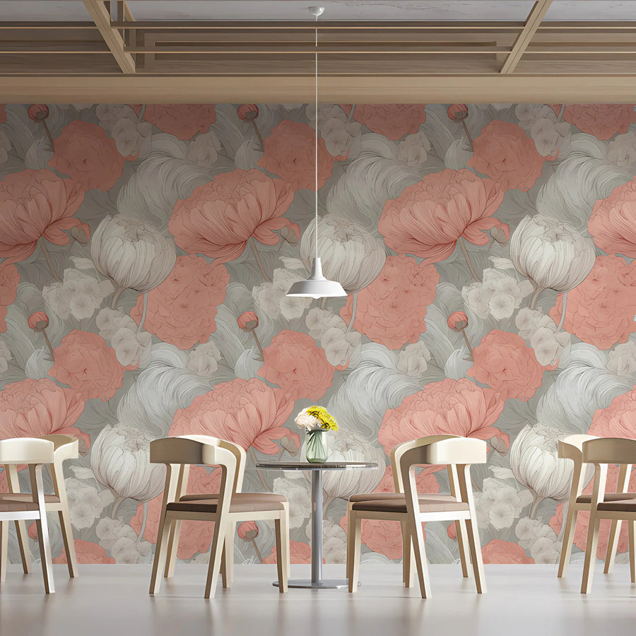 Blush Peony Garden Mural Wallpaper — Floral Sketch Design Mural Wallpaper