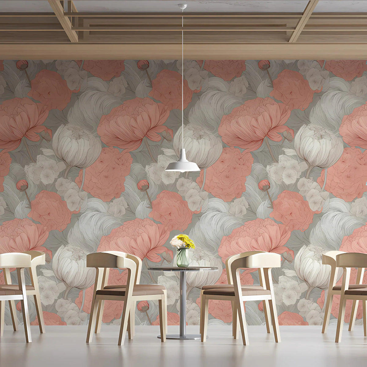 Blush Peony Garden Mural Wallpaper — Floral Sketch Design Mural Wallpaper - pure wallpaper artwork