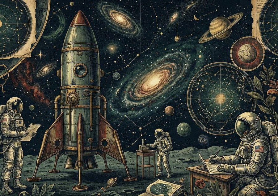 Vintage Space Exploration Mural Wallpaper — Cosmic Retro Style Mural Wallpaper