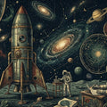 Vintage Space Exploration Mural Wallpaper — Cosmic Retro Style Mural Wallpaper - pure wallpaper artwork