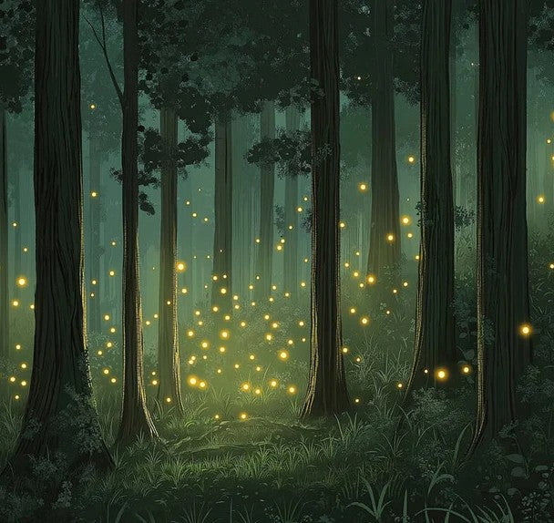Green Forest with Fireflies Mural Wallpaper in Bedroom Green, Yellow Forest with Fireflies Mural Wallpaper