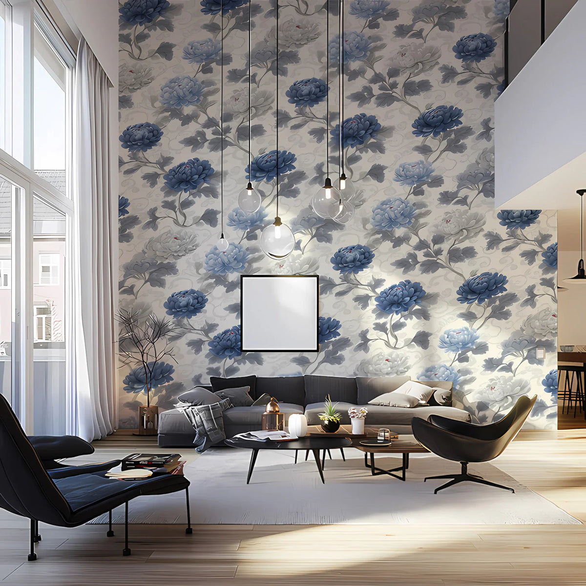 Chinoiserie Floral Mural Wallpaper in Classic Blue and Cream Mural Wallpaper - pure wallpaper artwork