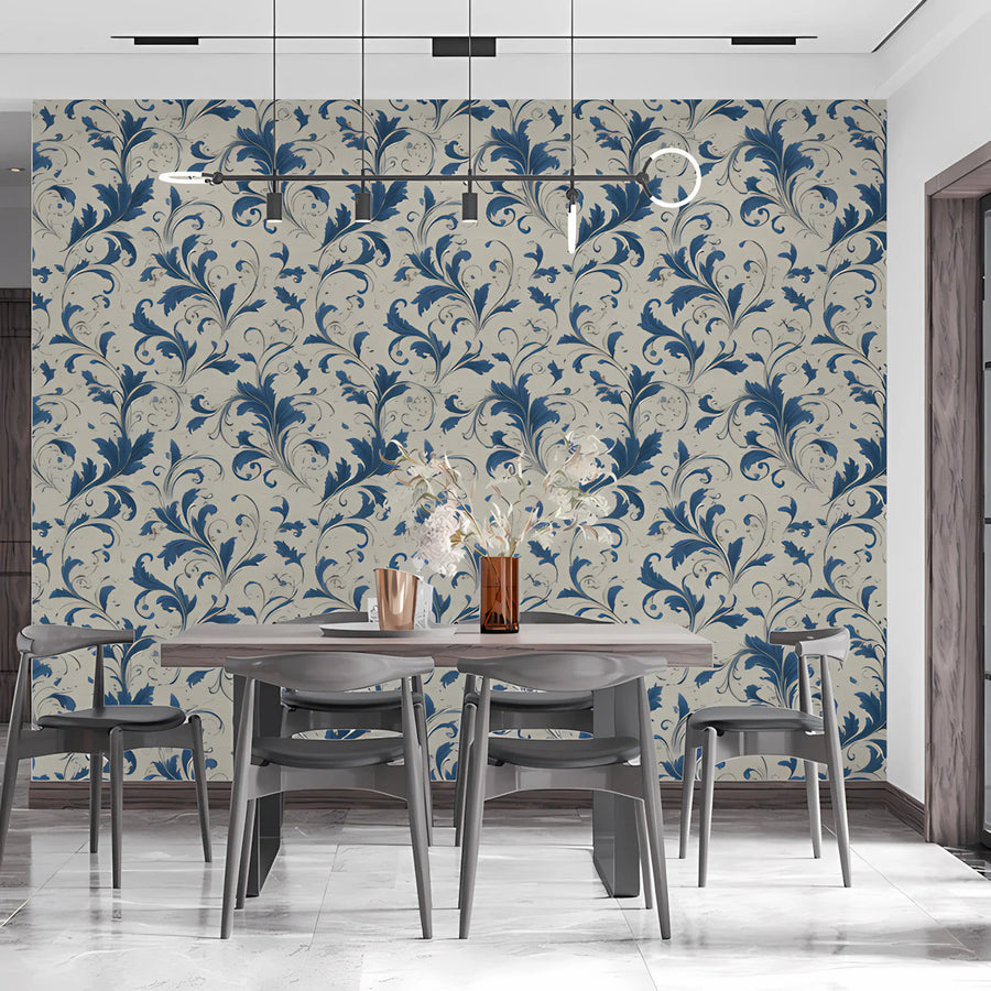 Indigo Acanthus Leaf Mural Wallpaper — Classic Floral Design Mural Wallpaper