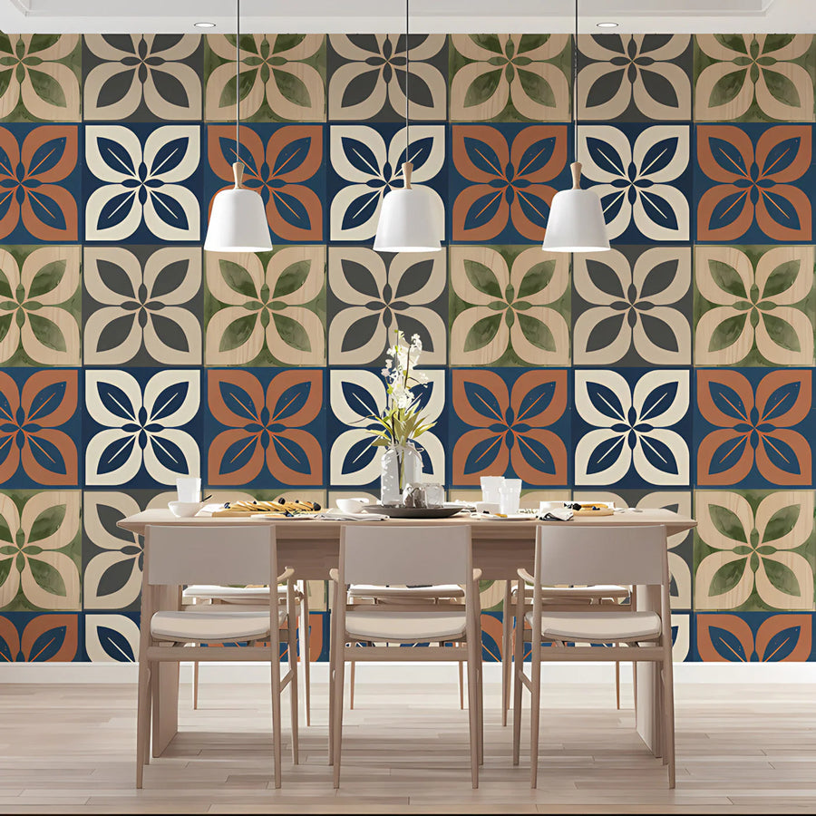 Mediterranean Tile Mural Wallpaper with Watercolor Floral Motifs Mural Wallpaper