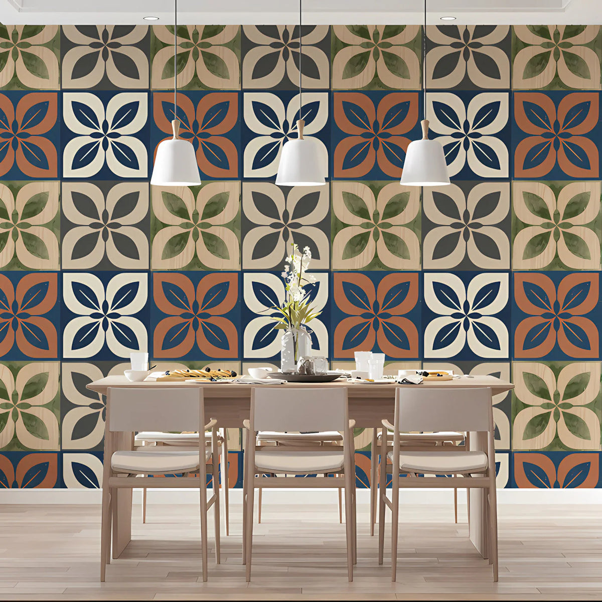 Mediterranean Tile Mural Wallpaper with Watercolor Floral Motifs Mural Wallpaper - pure wallpaper artwork