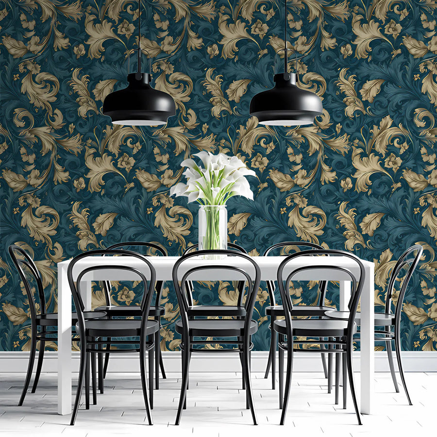 Damask Scroll Mural Wallpaper — Midnight Teal and Gilded Gold Mural Wallpaper