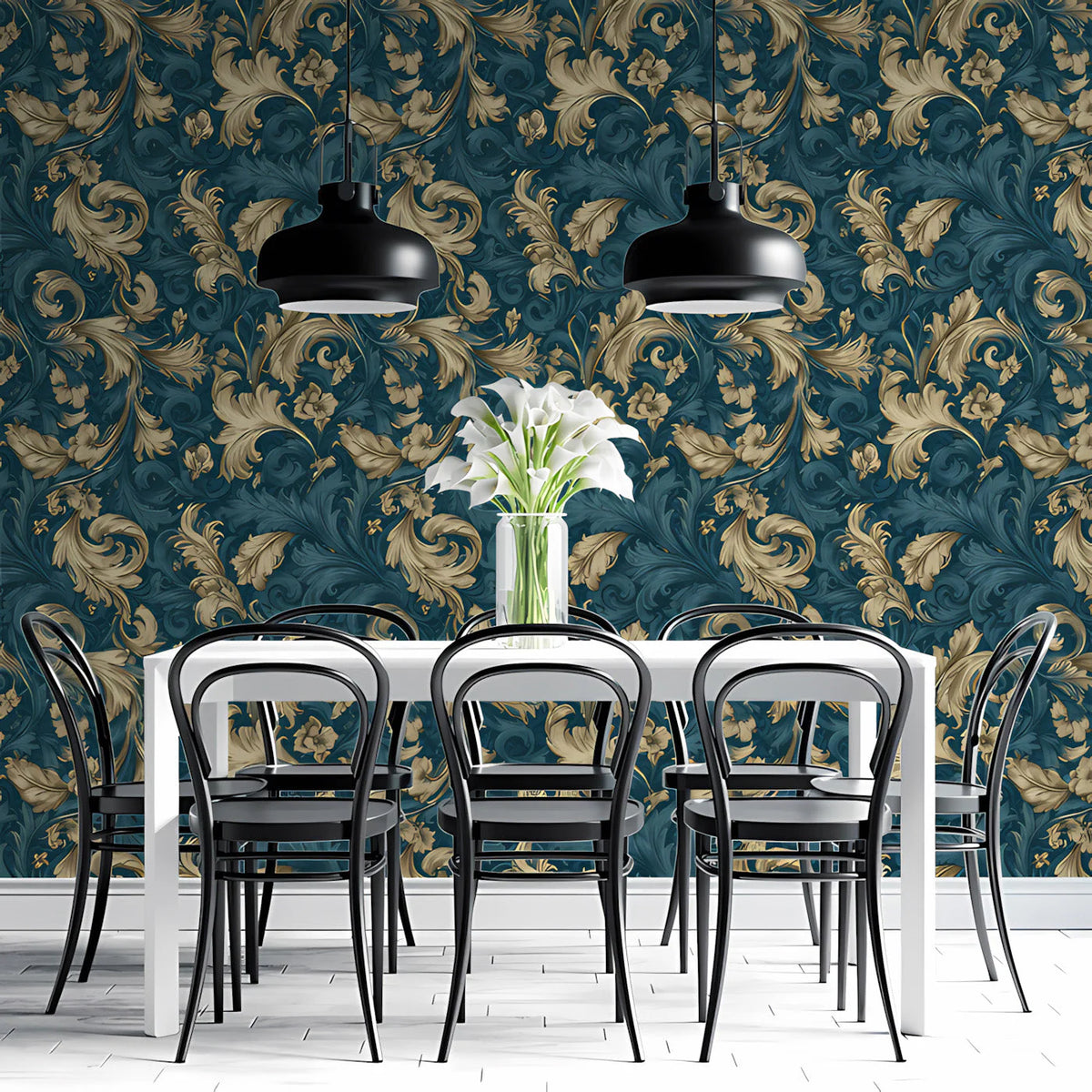 Damask Scroll Mural Wallpaper — Midnight Teal and Gilded Gold Mural Wallpaper - pure wallpaper artwork