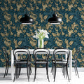 Damask Scroll Mural Wallpaper — Midnight Teal and Gilded Gold Mural Wallpaper - pure wallpaper artwork