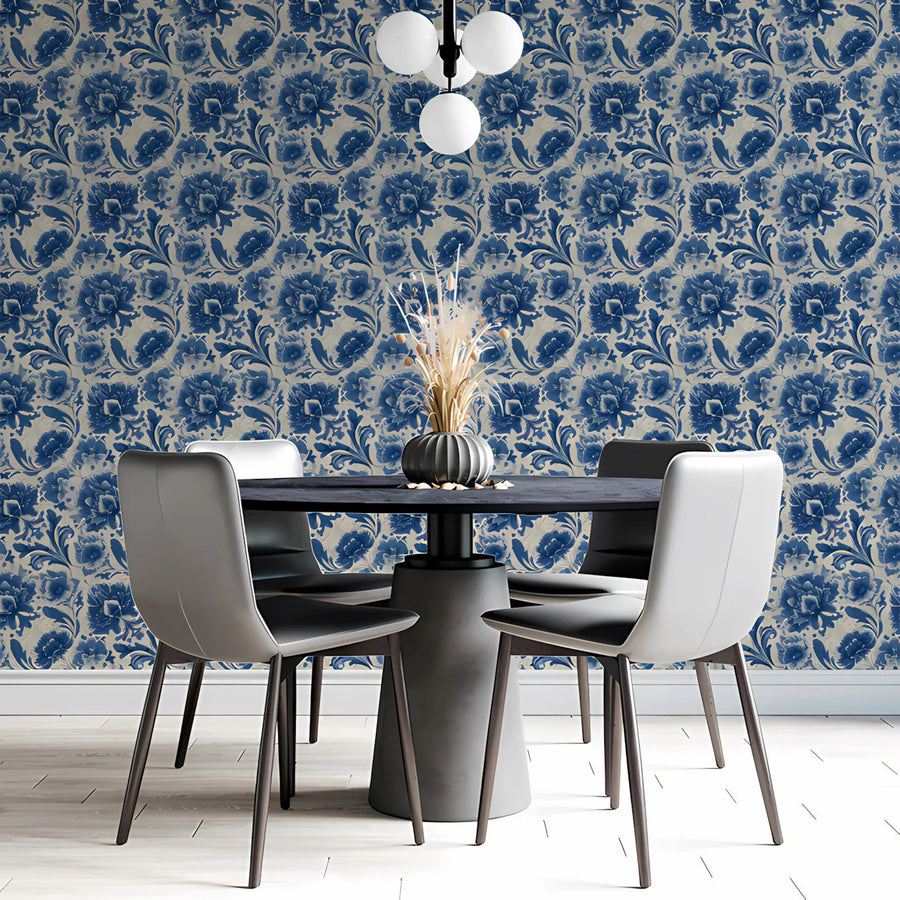 Indigo Floral Damask Mural Wallpaper — Classic Ornamental Style Mural Wallpaper