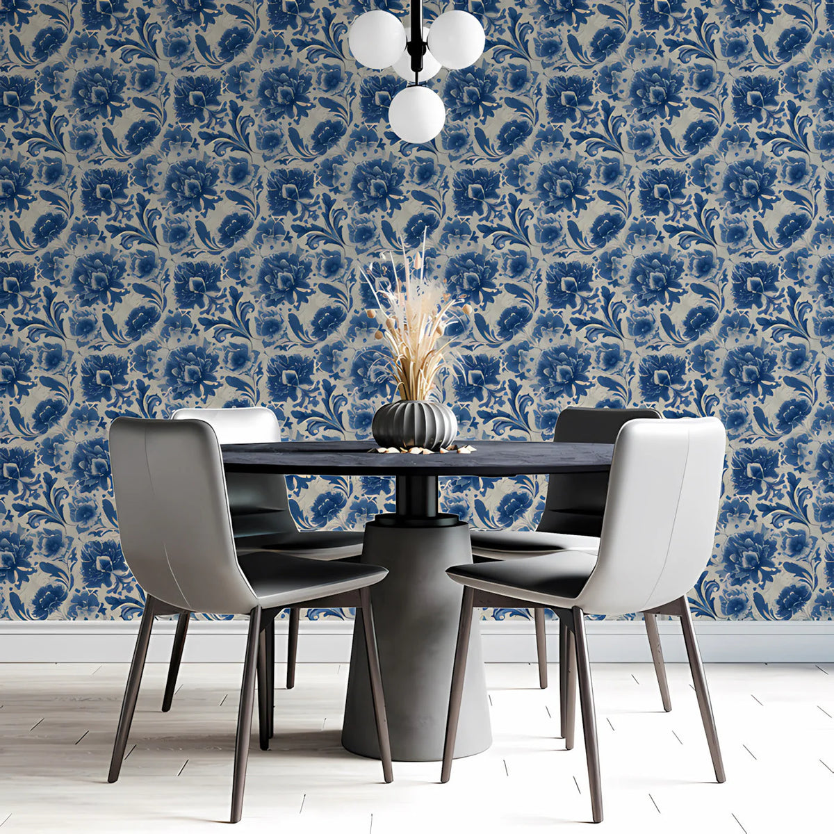 Indigo Floral Damask Mural Wallpaper — Classic Ornamental Style Mural Wallpaper - pure wallpaper artwork