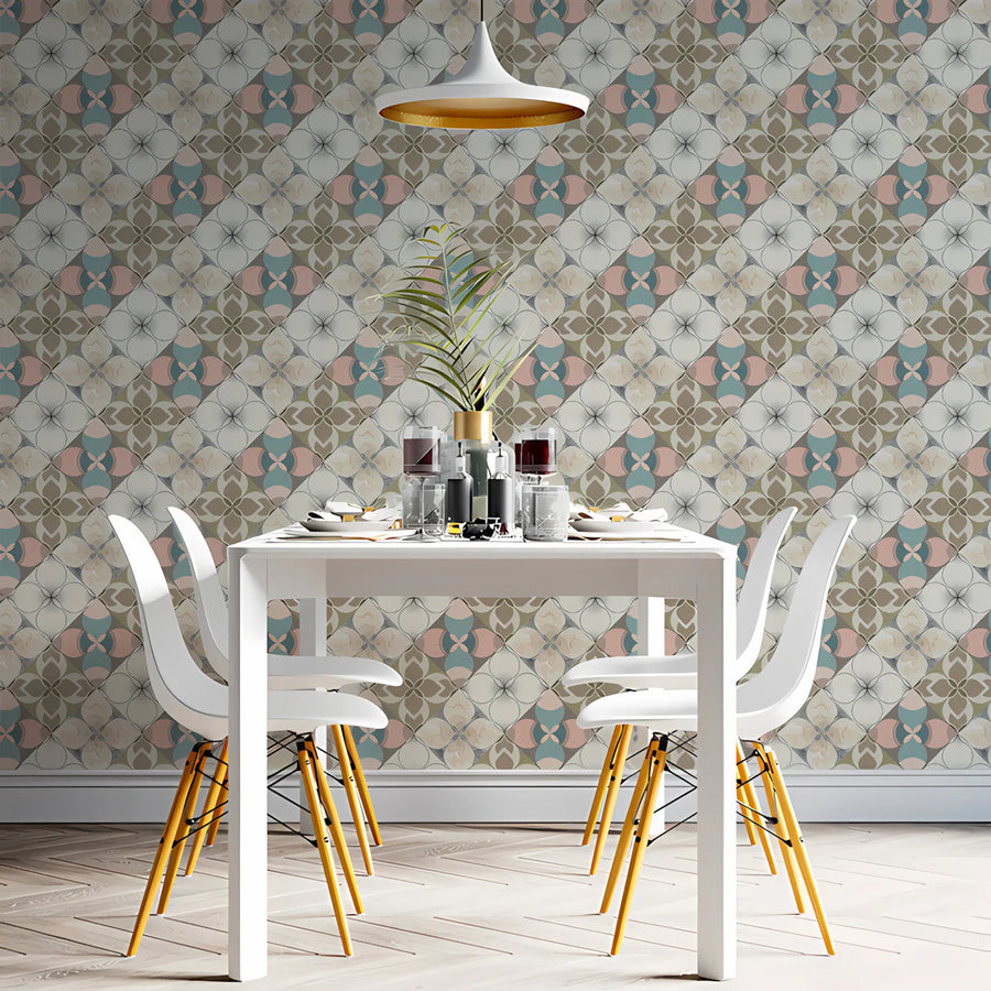 Geometric Floral Tile Mural Wallpaper —Soft Pastel Art Nouveau Mural Wallpaper
