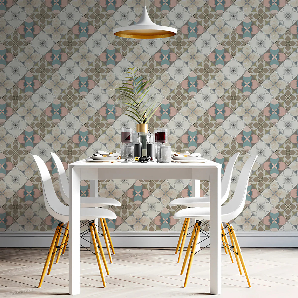 Geometric Floral Tile Mural Wallpaper —Soft Pastel Art Nouveau Mural Wallpaper - pure wallpaper artwork