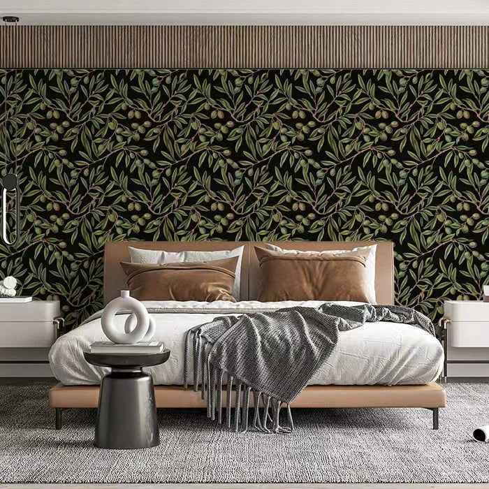 Olive Branch Botanical Mural Wallpaper — Dark Botanical Design Mural Wallpaper