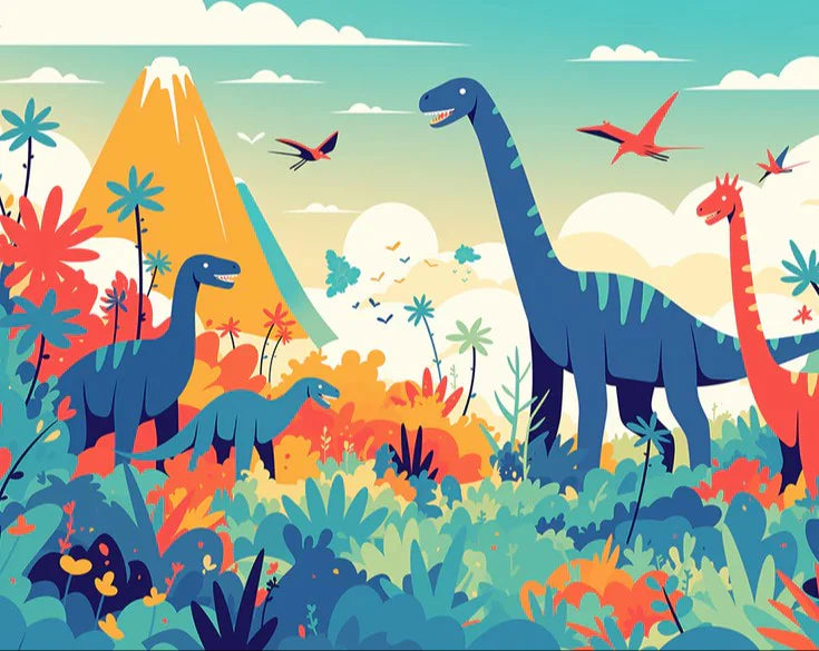 Dinosaur and Mountain Mural Wallpaper in Bedroom Various Colors (Green, Yellow, Blue, etc.) of Dinosaur Mural Wallpaper - pure wallpaper artwork