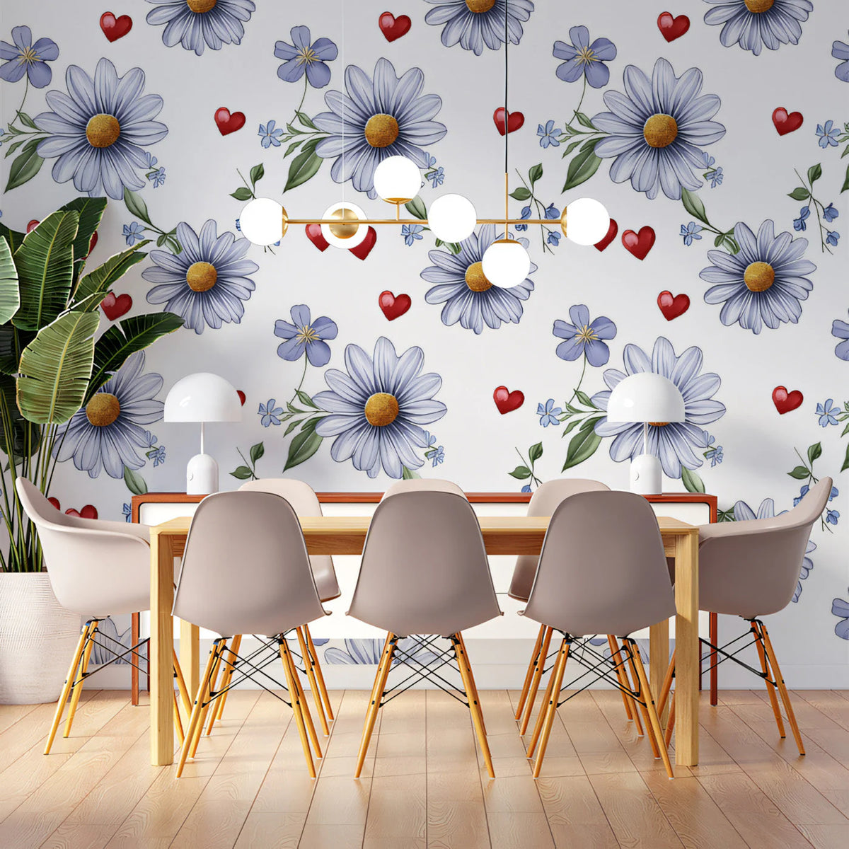 Daisies and Hearts Floral Mural Wallpaper — Whimsical Style Mural Wallpaper - pure wallpaper artwork