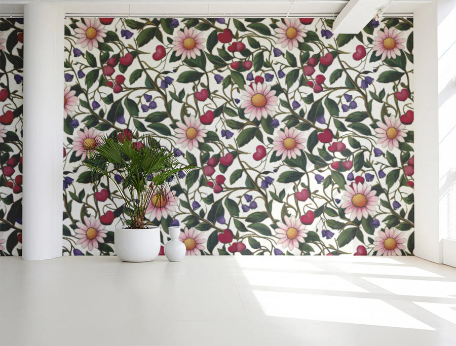 Botanical Meadow Mural Wallpaper in Soft Pink and Forest Green Mural Wallpaper