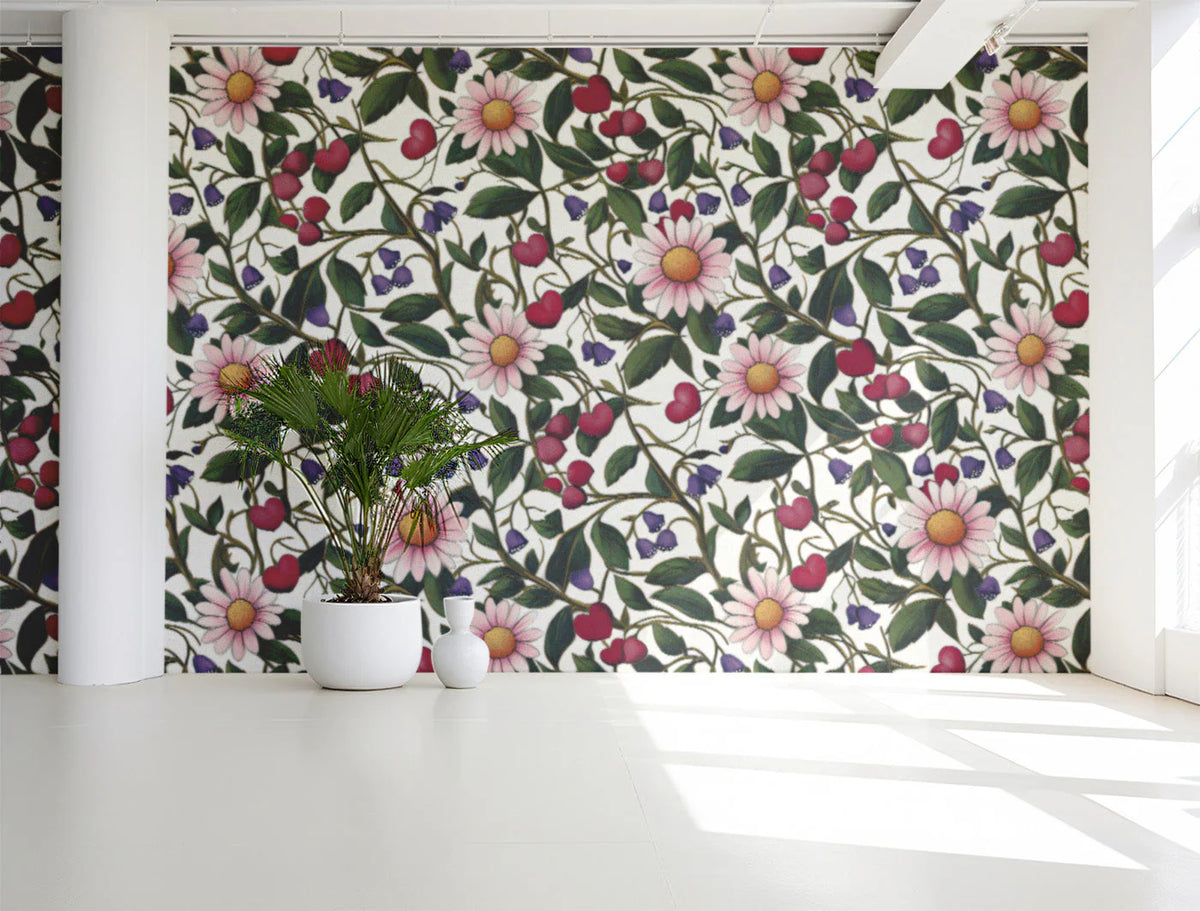 Botanical Meadow Mural Wallpaper in Soft Pink and Forest Green Mural Wallpaper - pure wallpaper artwork