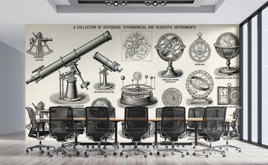 Historical Astronomical Instruments Mural Wallpaper in Ink Black Mural Wallpaper