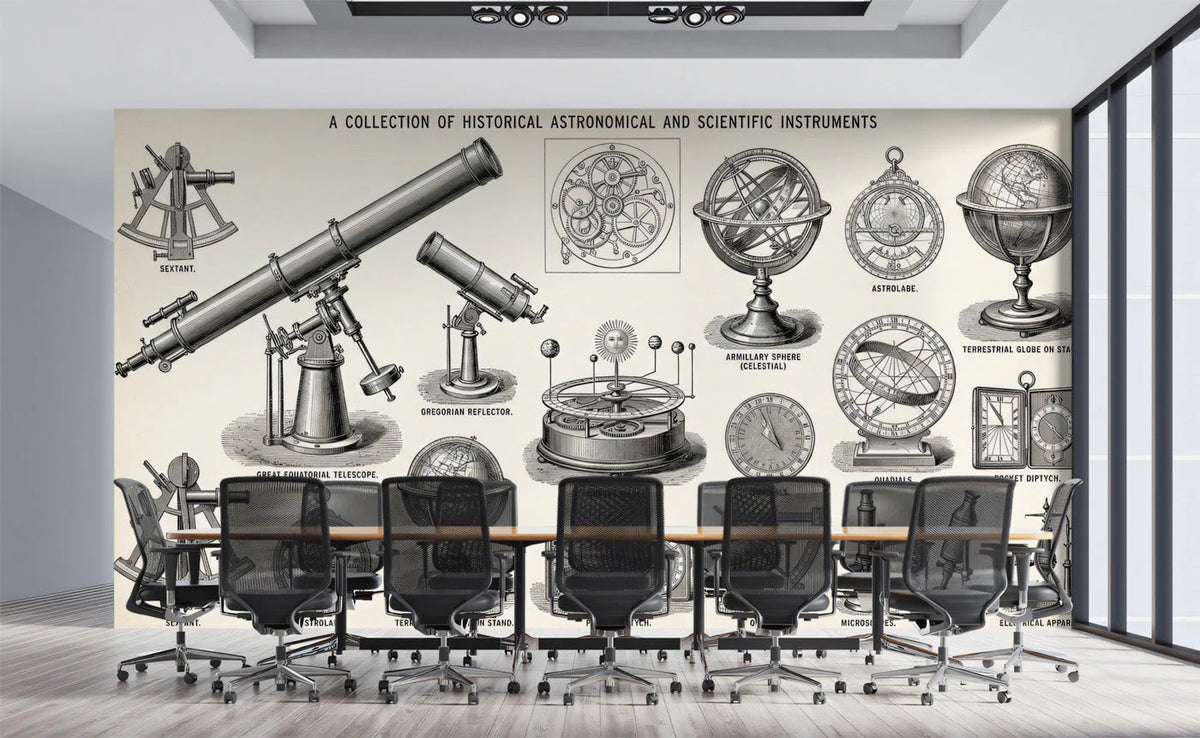 Historical Astronomical Instruments Mural Wallpaper in Ink Black Mural Wallpaper - pure wallpaper artwork