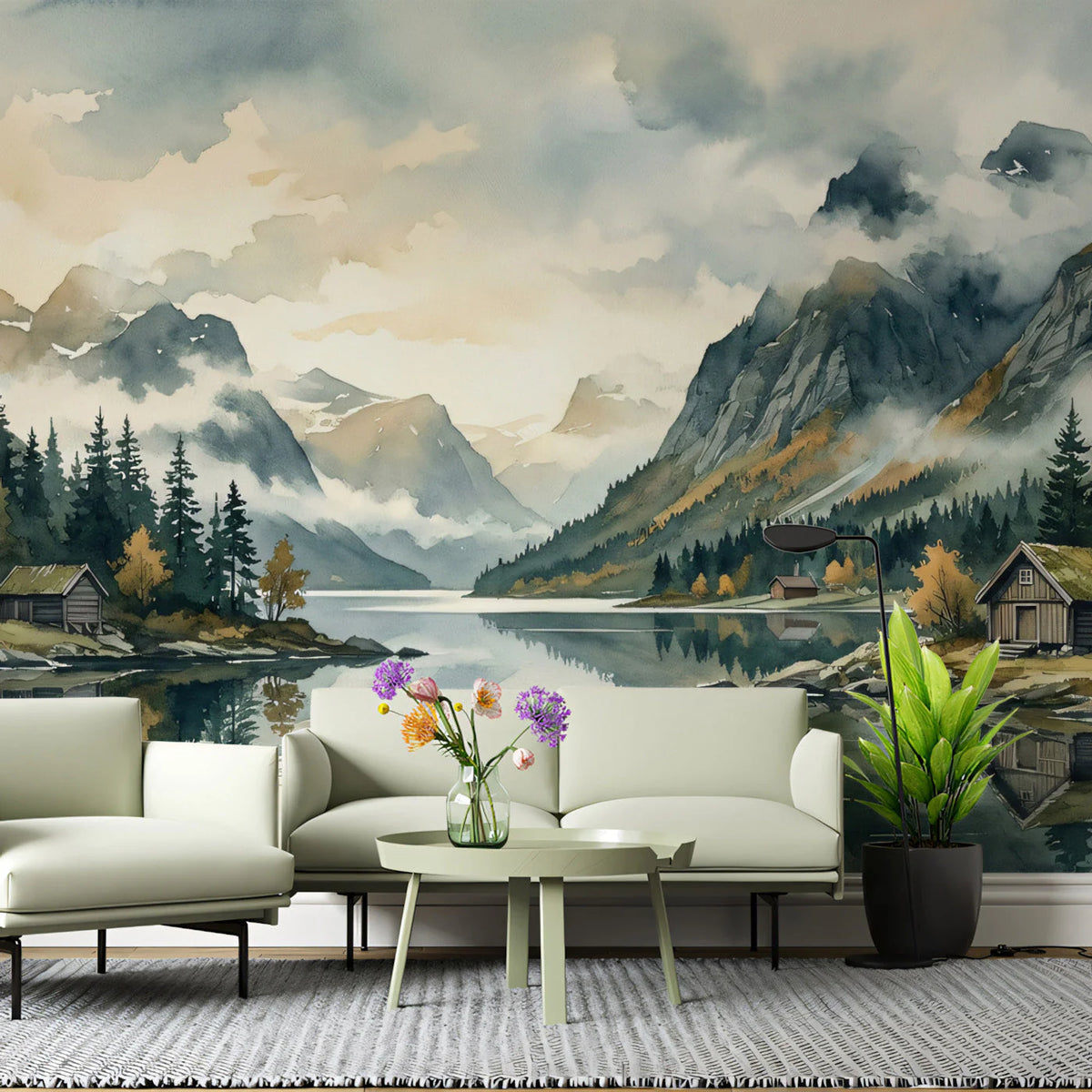 Mist-Covered Alpine Lake Mural Wallpaper — Watercolor Landscape Mural Wallpaper - pure wallpaper artwork