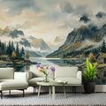 Mist-Covered Alpine Lake Mural Wallpaper — Watercolor Landscape Mural Wallpaper - pure wallpaper artwork
