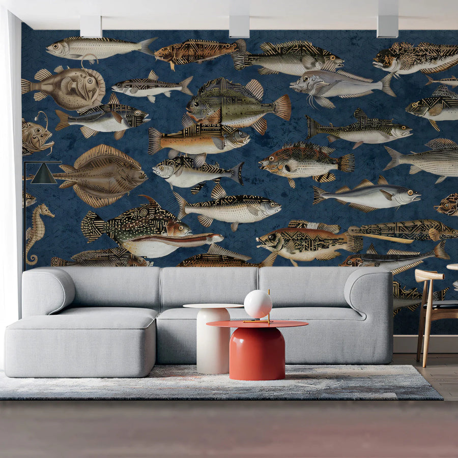 Vintage Marine Life Mural Wallpaper in Deep Navy Blue Mural Wallpaper