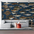 Vintage Marine Life Mural Wallpaper in Deep Navy Blue Mural Wallpaper - pure wallpaper artwork
