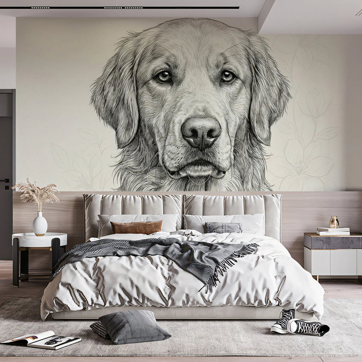 Golden Retriever Sketch Mural Wallpaper — Classic Ink Line Art Mural Wallpaper - pure wallpaper artwork