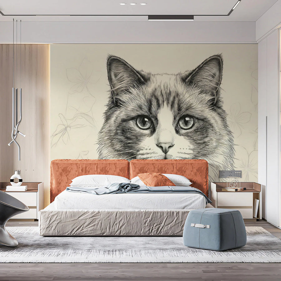 Stippled Ragdoll Cat Mural Wallpaper — Detailed Ink Art Mural Wallpaper