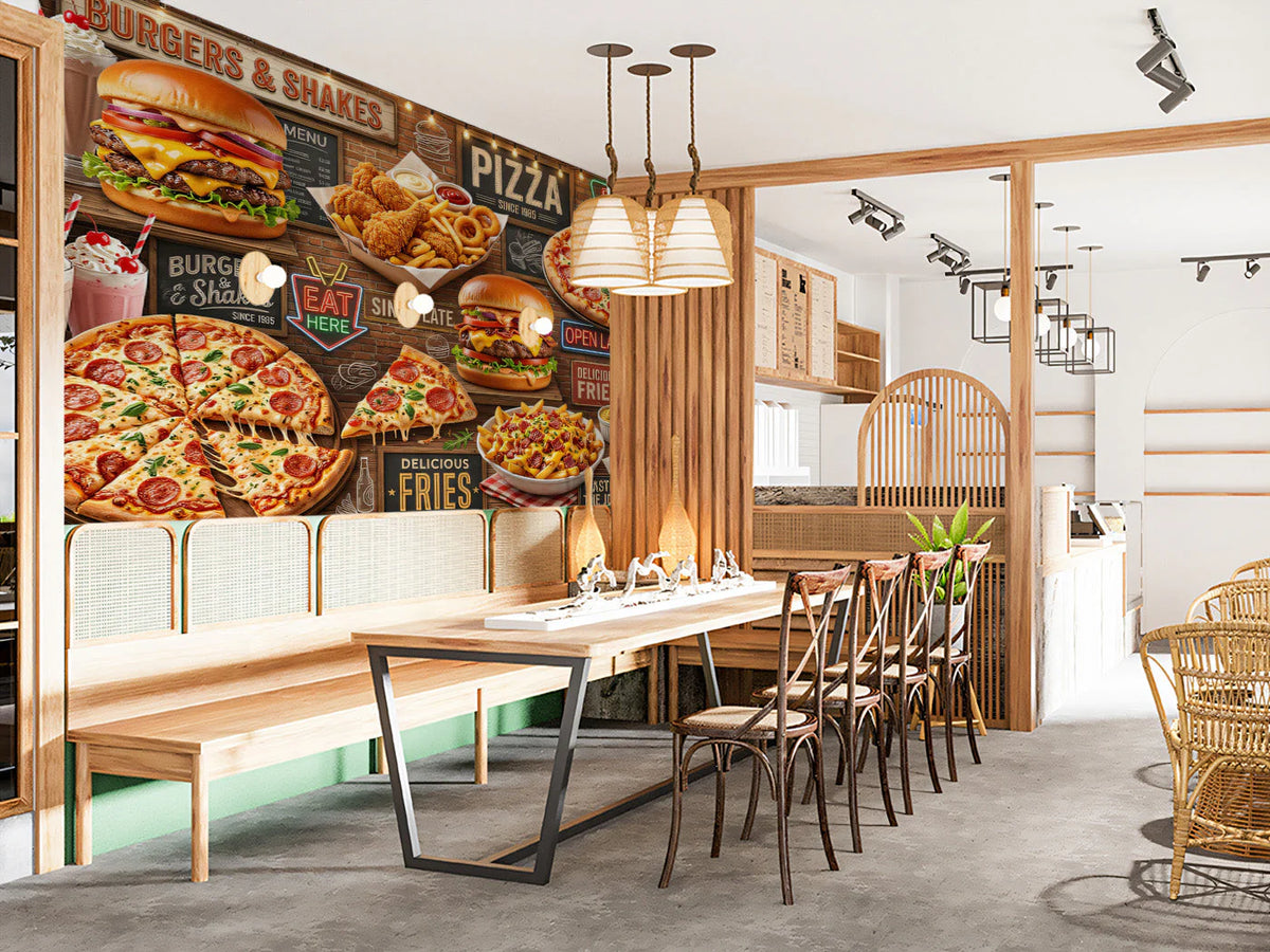 American Diner Fast Food Mural Wallpaper — Retro Culinary Design Mural Wallpaper - pure wallpaper artwork