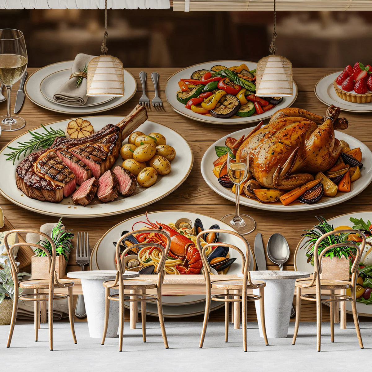 Gourmet Feast Mural Wallpaper —Culinary Dining Room Decor Mural Wallpaper - pure wallpaper artwork
