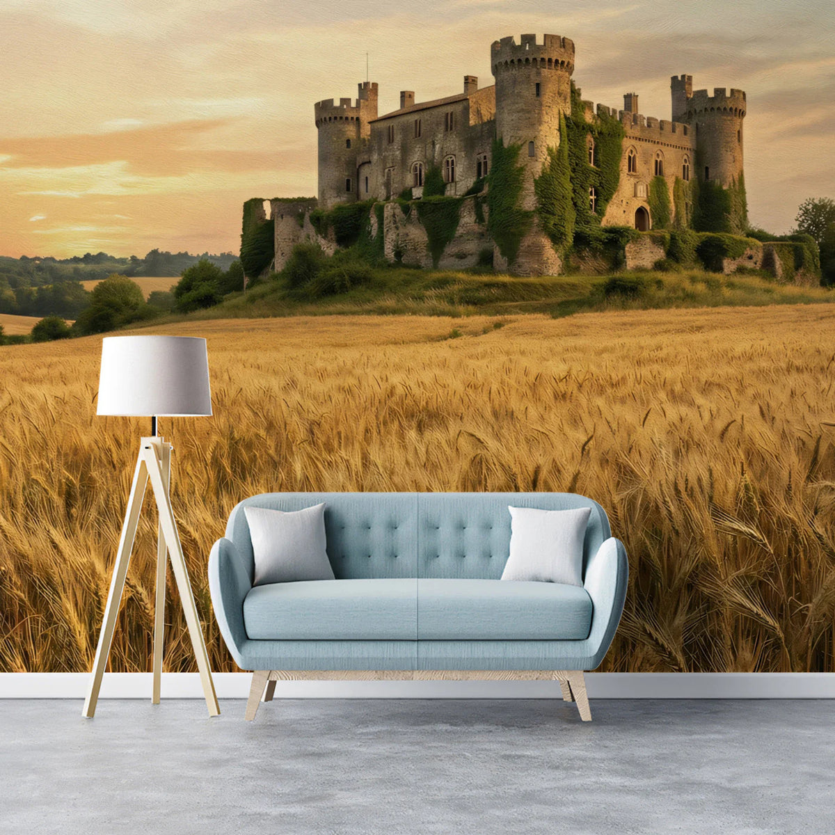 Medieval Castle and Wheat Field Mural Wallpaper at Golden Hour Mural Wallpaper - pure wallpaper artwork