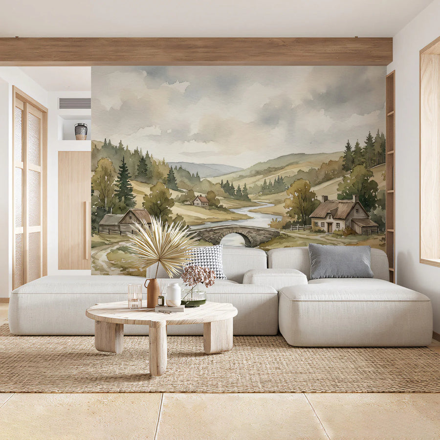 Watercolor Countryside Bridge Mural Wallpaper — Pastoral Landscape Mural Wallpaper