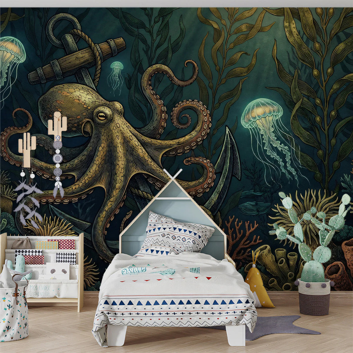 Deep Sea Octopus and Jellyfish Mural Wallpaper — Nautical Marine Art Mural Wallpaper - pure wallpaper artwork