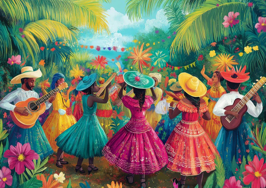 Papier peint Festival Murale Danse et musique latines colorées dans un jardin tropical Mural Wallpaper