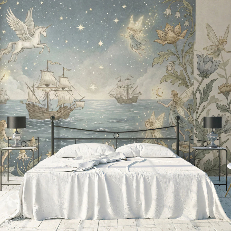 Fairy Tale Voyage Mural Wallpaper with Pegasus and Sailing Ships Mural Wallpaper