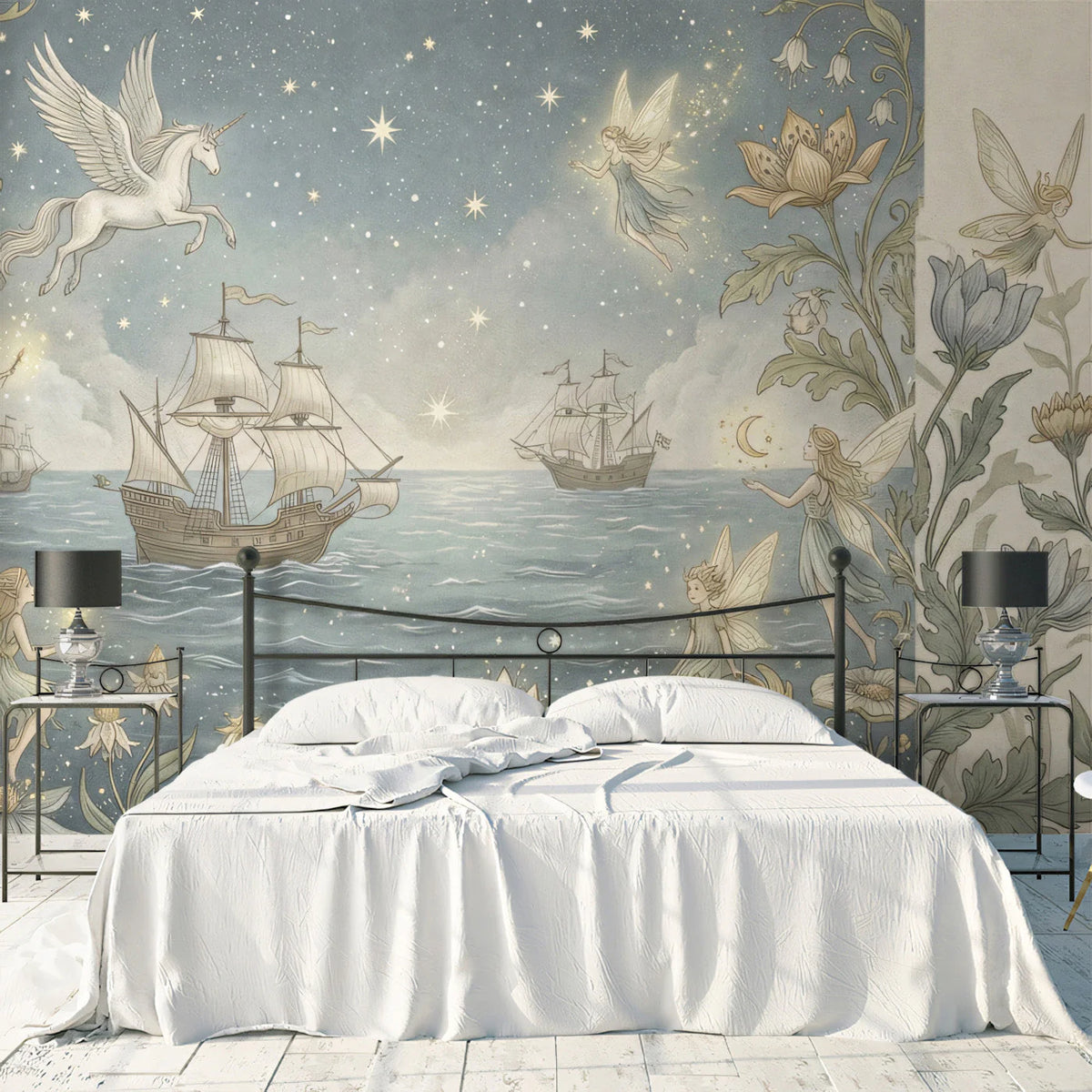 Fairy Tale Voyage Mural Wallpaper with Pegasus and Sailing Ships Mural Wallpaper - pure wallpaper artwork