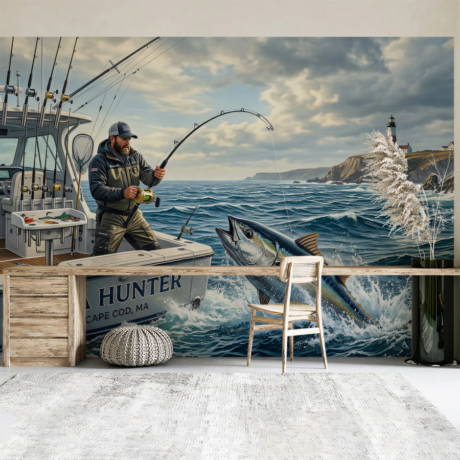 Deep Sea Fishing Adventure Mural Wallpaper — Coastal Nautical Design Mural Wallpaper