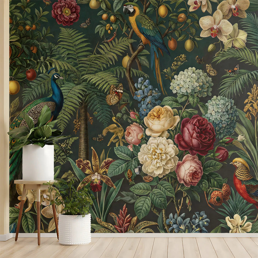 Exotic Botanical Peacock Mural Wallpaper in Deep Forest Green Mural Wallpaper