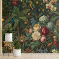 Exotic Botanical Peacock Mural Wallpaper in Deep Forest Green Mural Wallpaper - pure wallpaper artwork