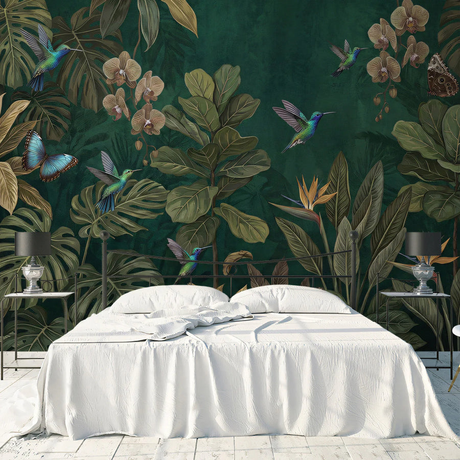 Tropical Jungle Sanctuary Mural Wallpaper — Dark Botanical Design Mural Wallpaper