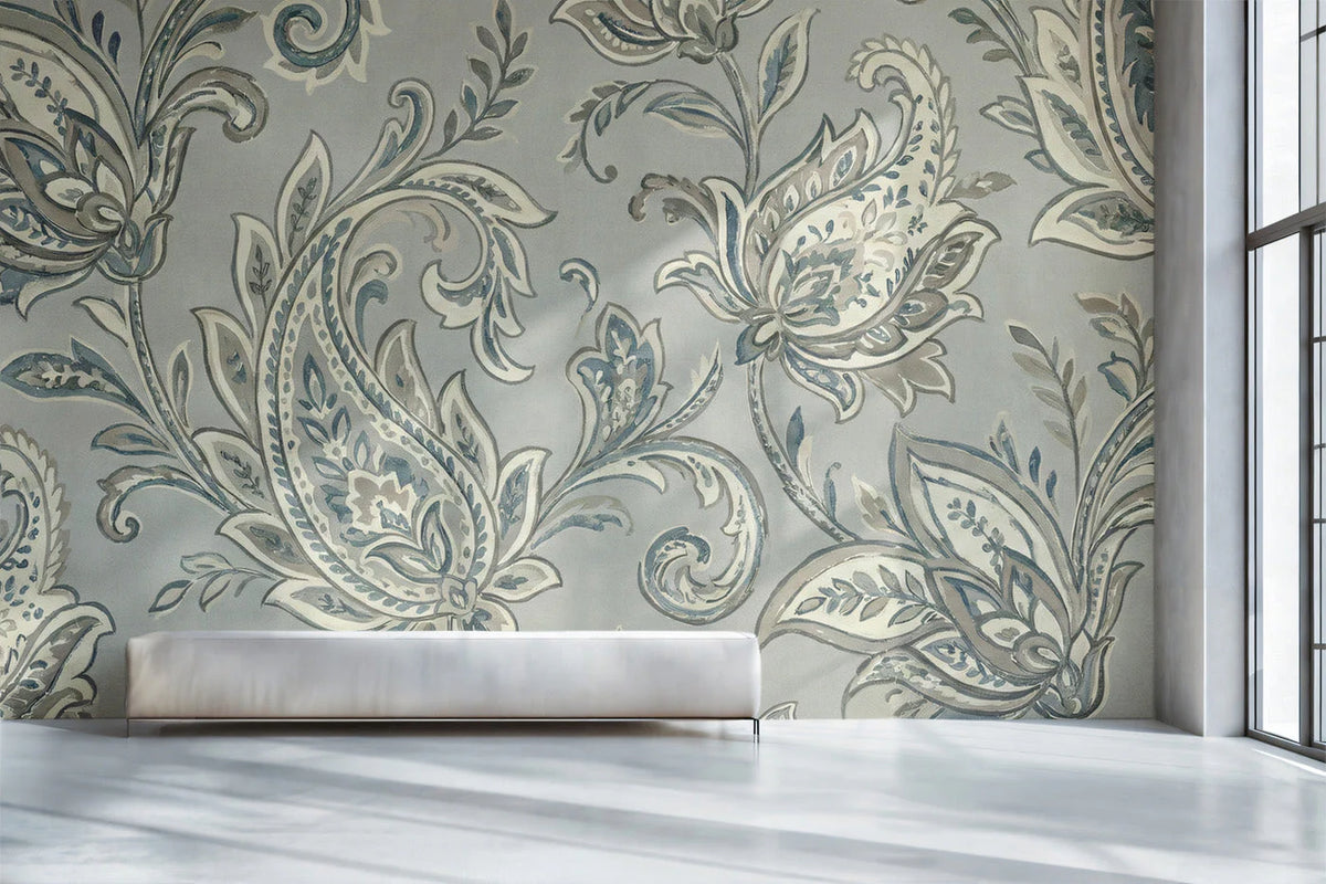 Vintage Paisley Mural Wallpaper — Soft Blue and Gray Botanical Mural Wallpaper - pure wallpaper artwork