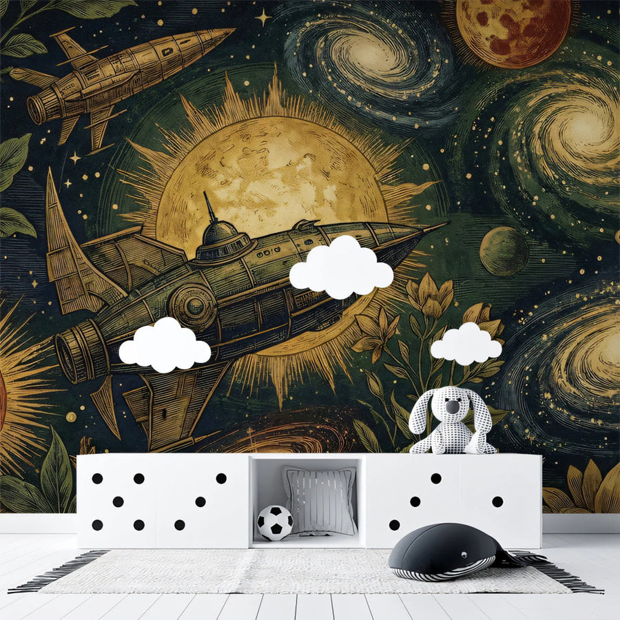 Vintage Space Botanical Mural Wallpaper — Cosmic Retro Illustration Mural Wallpaper