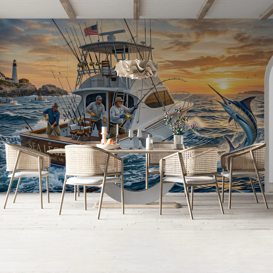 Deep Sea Sport Fishing Mural Wallpaper — Nautical Sunset Mural Mural Wallpaper