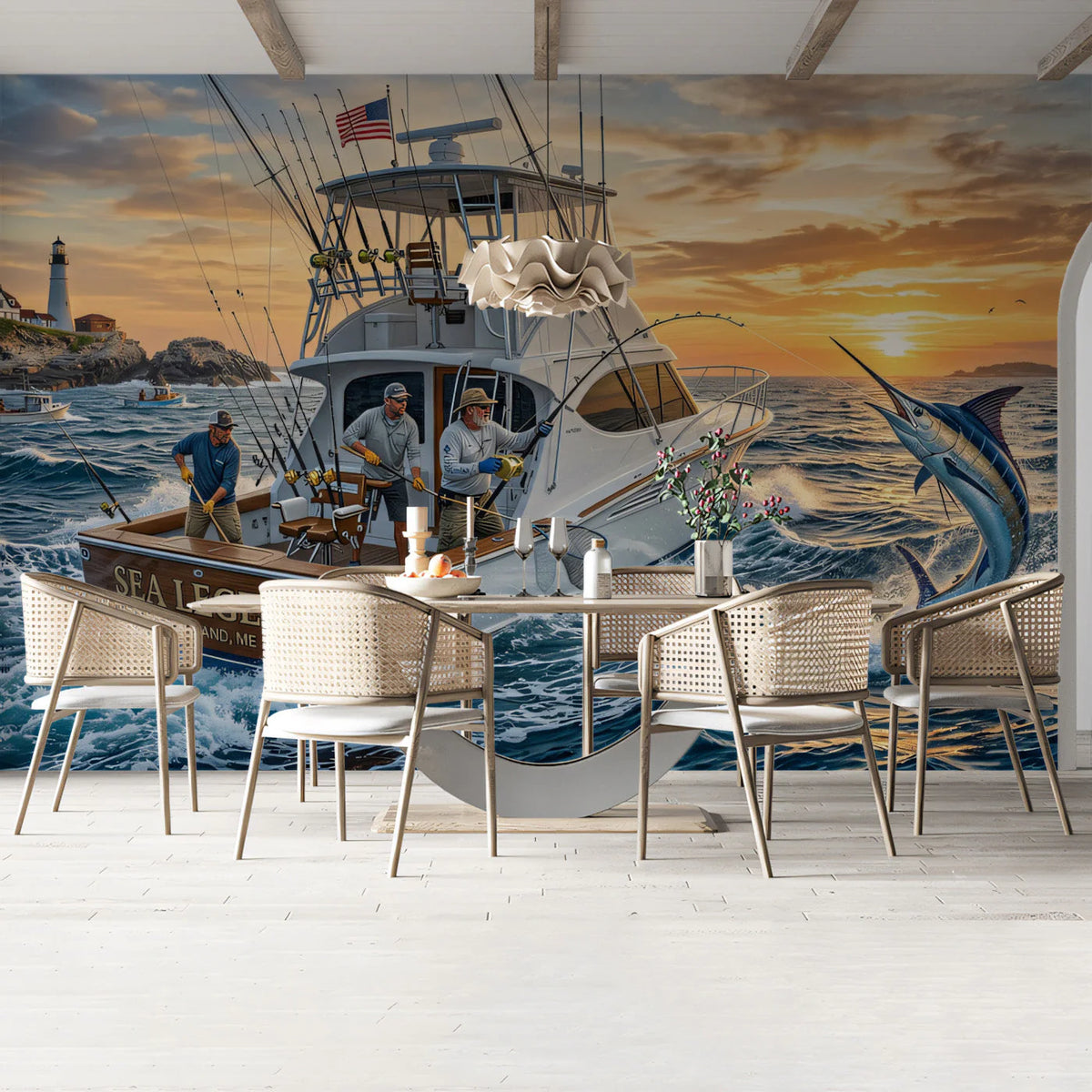 Deep Sea Sport Fishing Mural Wallpaper — Nautical Sunset Mural Mural Wallpaper - pure wallpaper artwork