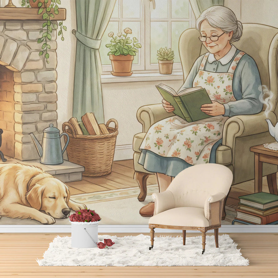 Cozy Hearthside Sketch Mural Wallpaper — Vintage Home Decor Mural Wallpaper