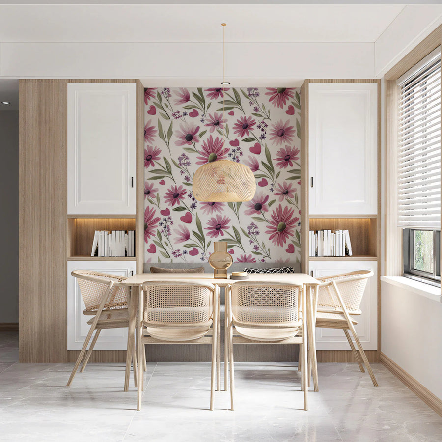 Pink Daisy and Heart Floral Mural Wallpaper — Whimsical Decor Mural Wallpaper