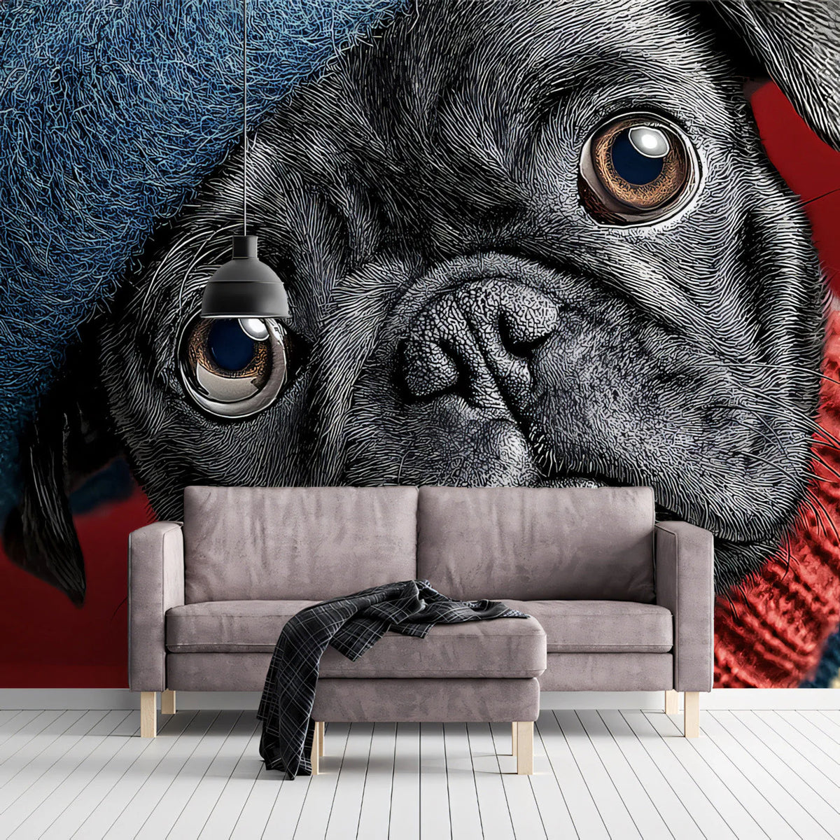 Charming Pug in a Beret Mural Wallpaper — Whimsical Portrait Mural Wallpaper - pure wallpaper artwork